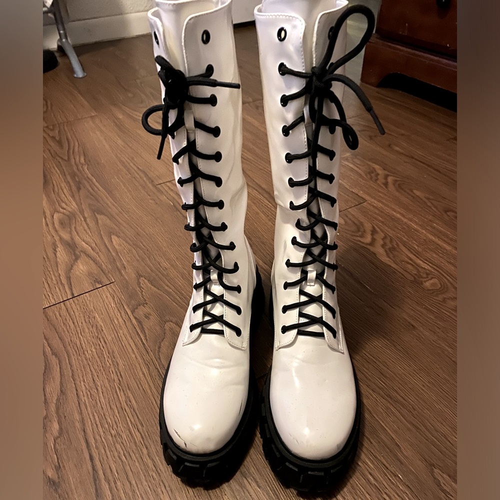 Koi white trinity patent calf high boots